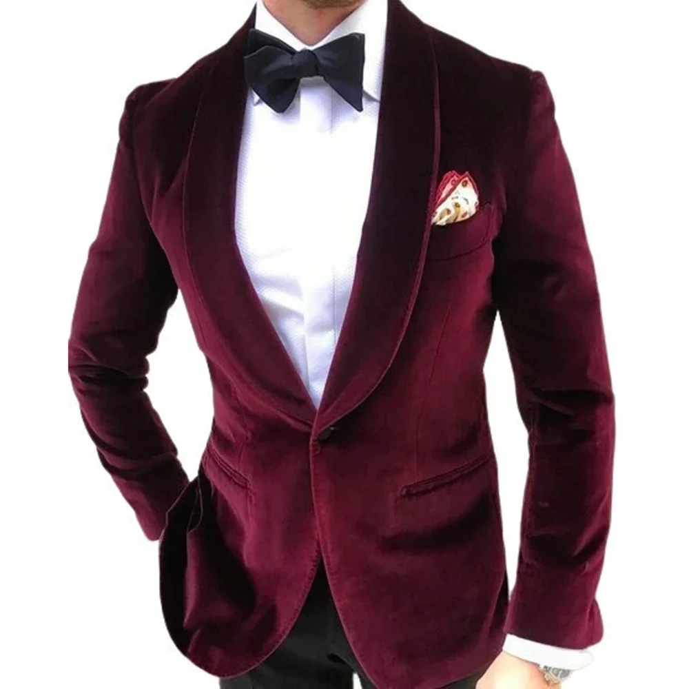 

Burgundy Blazer Black Pants 2 Piece Formal Full Set Shawl Lapel Single Breatsed One Button Slim Fit Men's Suits Terno Outfits