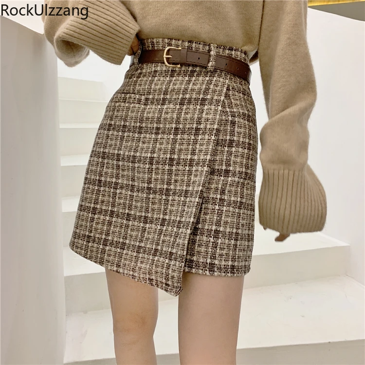 

Асимметричная клетчатая мини-юбка с высокой талией и поясом, шерстяные облегающие трапециевидные юбки, Женская шикарная пикантная одежда в Корейском стиле на осень и зиму y2k 2022