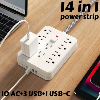 10AC outlets with 5-ft Woven material wire, 3USB ,1 USB-C fast-charging ports Power strip surge protector provides overload prot 1
