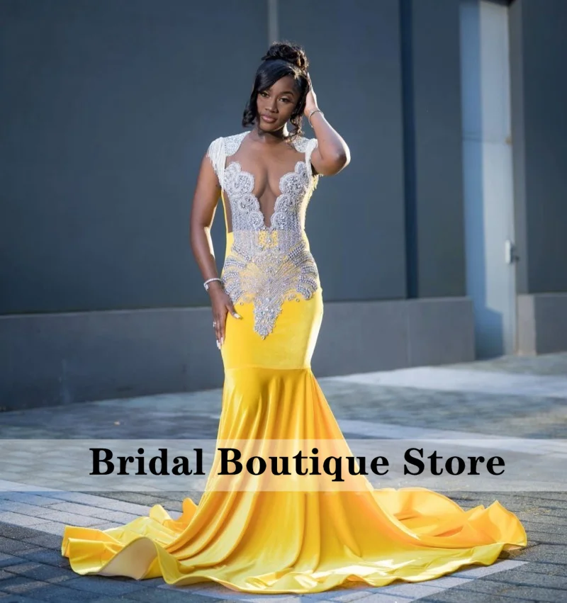 

Sparkly Diamonds Long Yellow Prom Dress Velvet Bead Crystals Rhinestones Tassels Birthday Party Dress Vestidos For Wedding