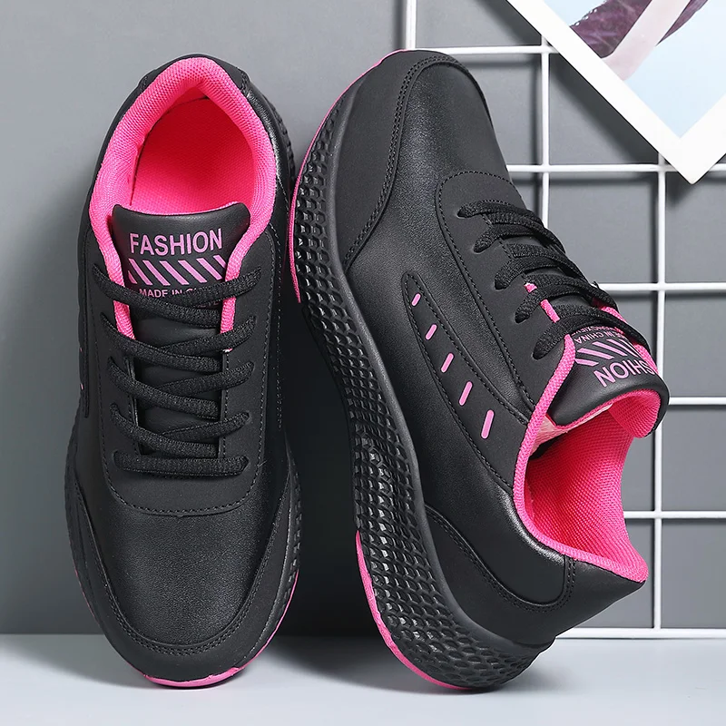 Women's Leather Sneakers Casual Sneakers Lace Up Flats Lightweight Anti-slip Running Shoes Outdoor Sports Womens Sneakers Running Shoes