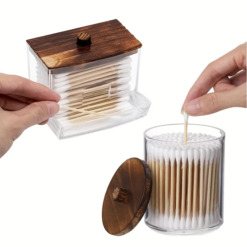 3pcs Swabs Holder Bathroom Container, Storage Box Cotton Ball/Swabs Dispenser, Apothecary Jar Organizer for Storage Wood Lids 2