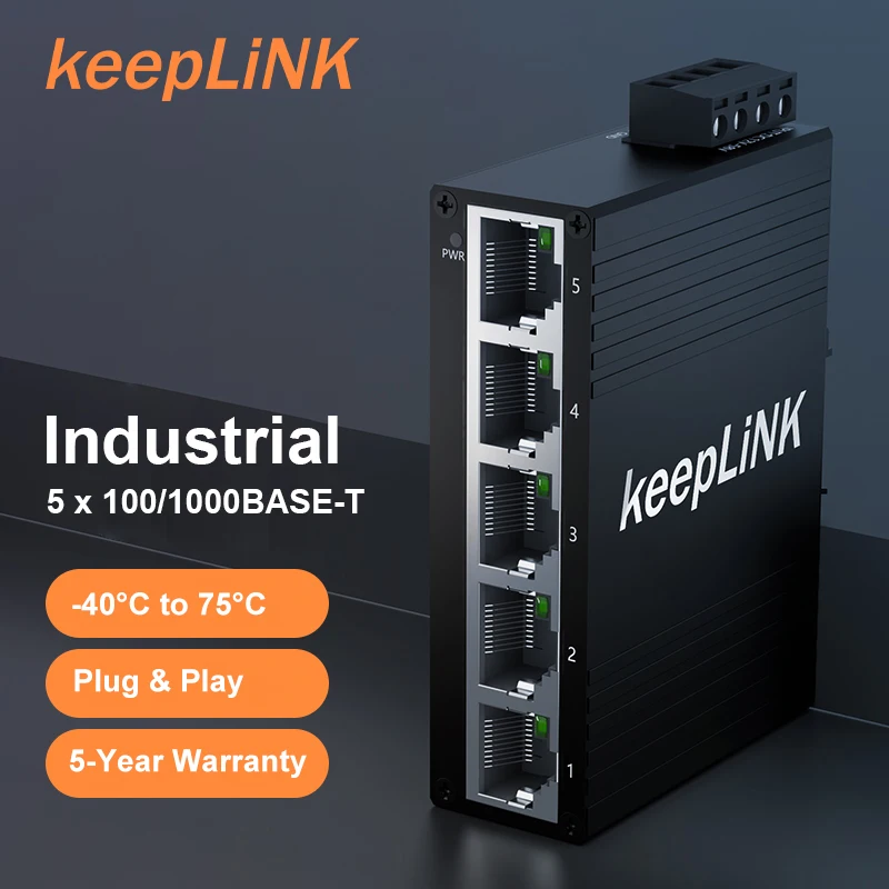 KeepLiNK KP-9000-35-5GTm Industrial 5-Port Gigabit Unmanaged Ethernet Switch 10/100/1000BASE-T IP40 Aluminum