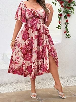 Plus Size Sweetheart Neckline Dress Floral Print with Ruffled Sleeves Feminine Elegant Summer Midi
