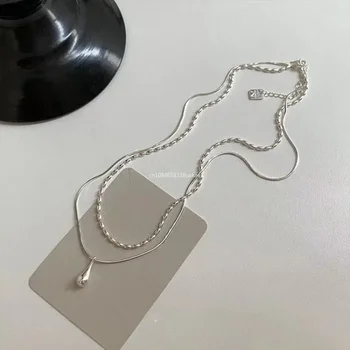 2025 Silver Simple Design Drop Pendant Necklace for Women Double Collar Chain Fashion Fine Jewelry Gifts Long Layered Necklace 1