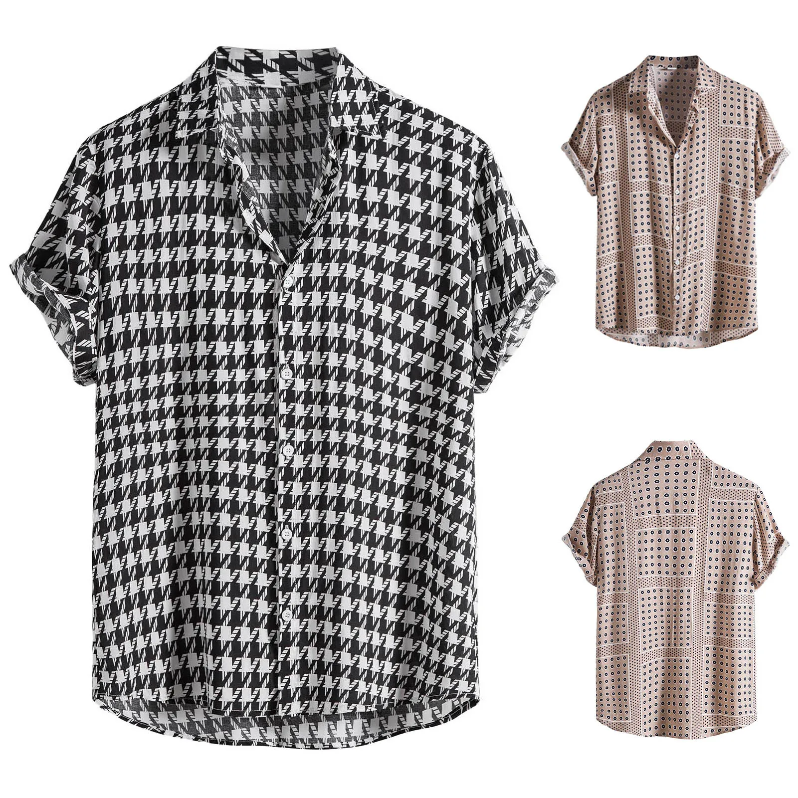 Casual Short Sleeved Shirt Short Sleeved Shirt Hawaiian Shirt Button Down Shirt Men Short Sleeve Casual Loose Blouse Summer Houndstooth Plaid Shirts For Men Hawaiian Short Sleeve Beach Button Up Blouse