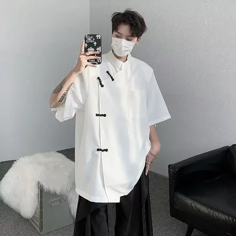 Chinese Style Black White Disc Button Irregular Short Sleeve Tang Suit Blouse Man Summer Fashion Casual Shirt Kung Fu Uniform