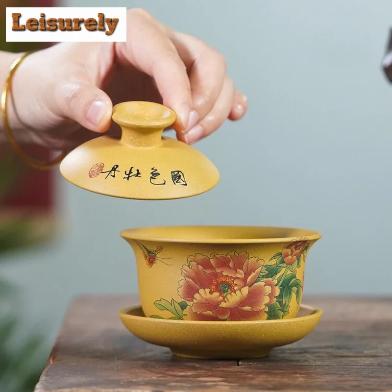 170ml Yixing Purple Clay Peony Pattern Gaiwan Luxury Tea Tureen Tea Bowl With Lid Kit Tea Maker Cover Bowl Kung Fu Tea Set Craft