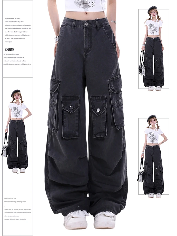 

Женские серые мешковатые брюки-карго в стиле Харадзюку, уличная одежда в стиле 90-х, Y2k, брюки в стиле оверсайз с высокой талией и эмо, винтажные брюки, одежда 2024