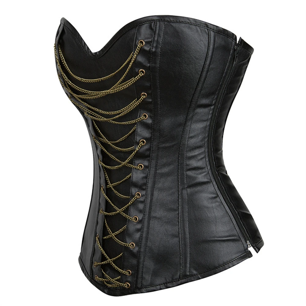 Black PU Faux Leather Overbust Corset Tops Chain Decoration Steampunk Side Zipper Corselet Women Body Shaper Bustier