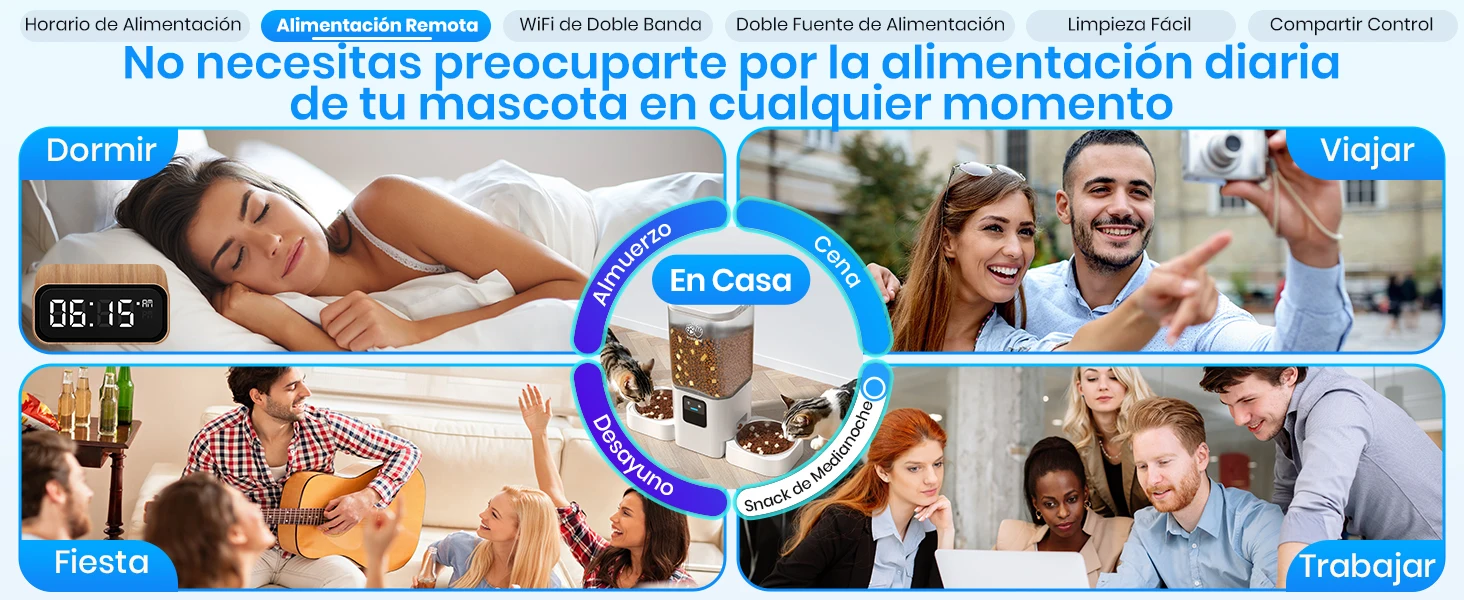 El texto dice: «No necesitas preocuparte por la alimentación diaria de tu mascota en cualquier momento». Collage de escenas que muestran un dispositivo de alimentación para mascotas en uso con dispensación automática de alimentos.