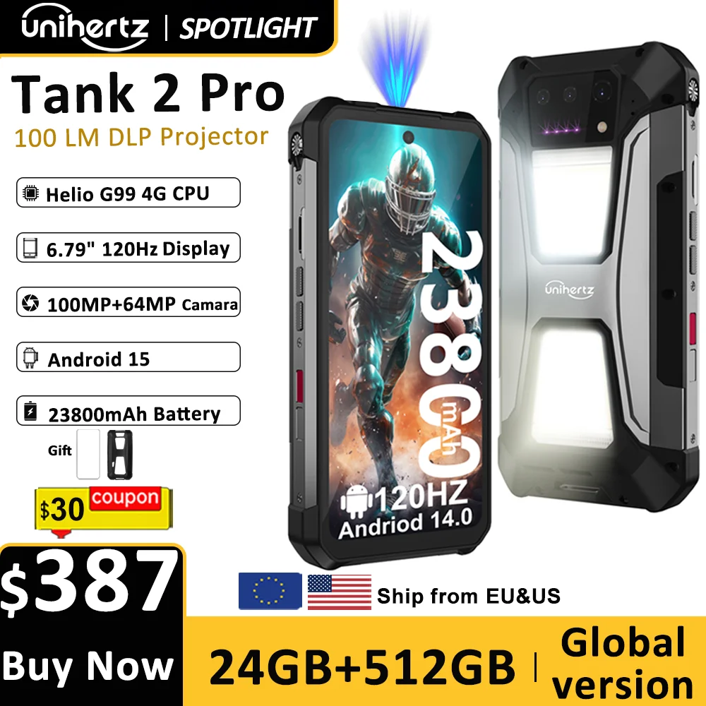 EU US stock Unihertz tank 2 Pro 8849 rugged phone with projector Android 14 100MP 16GB 256gb100mp NFC 120W charger 23800mAh
