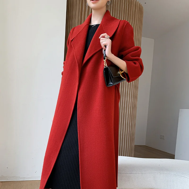 

Korean Women Handmade Corrugated Water Ripples Coat Double-sided Cashmere Wool Long Woolen Jacket Cashmere Coat Autumn and wint