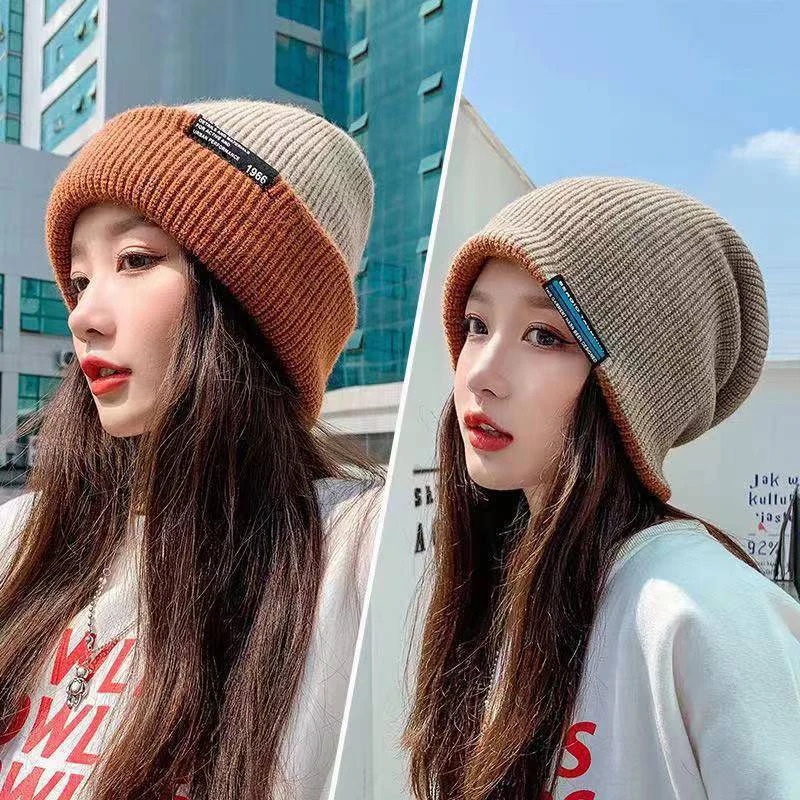 

Unisex Winter Loose Double-Layer Thick Warm Knitted Hat Double-Sided Different Color Woolen Dome Patch Age Reducing Hat