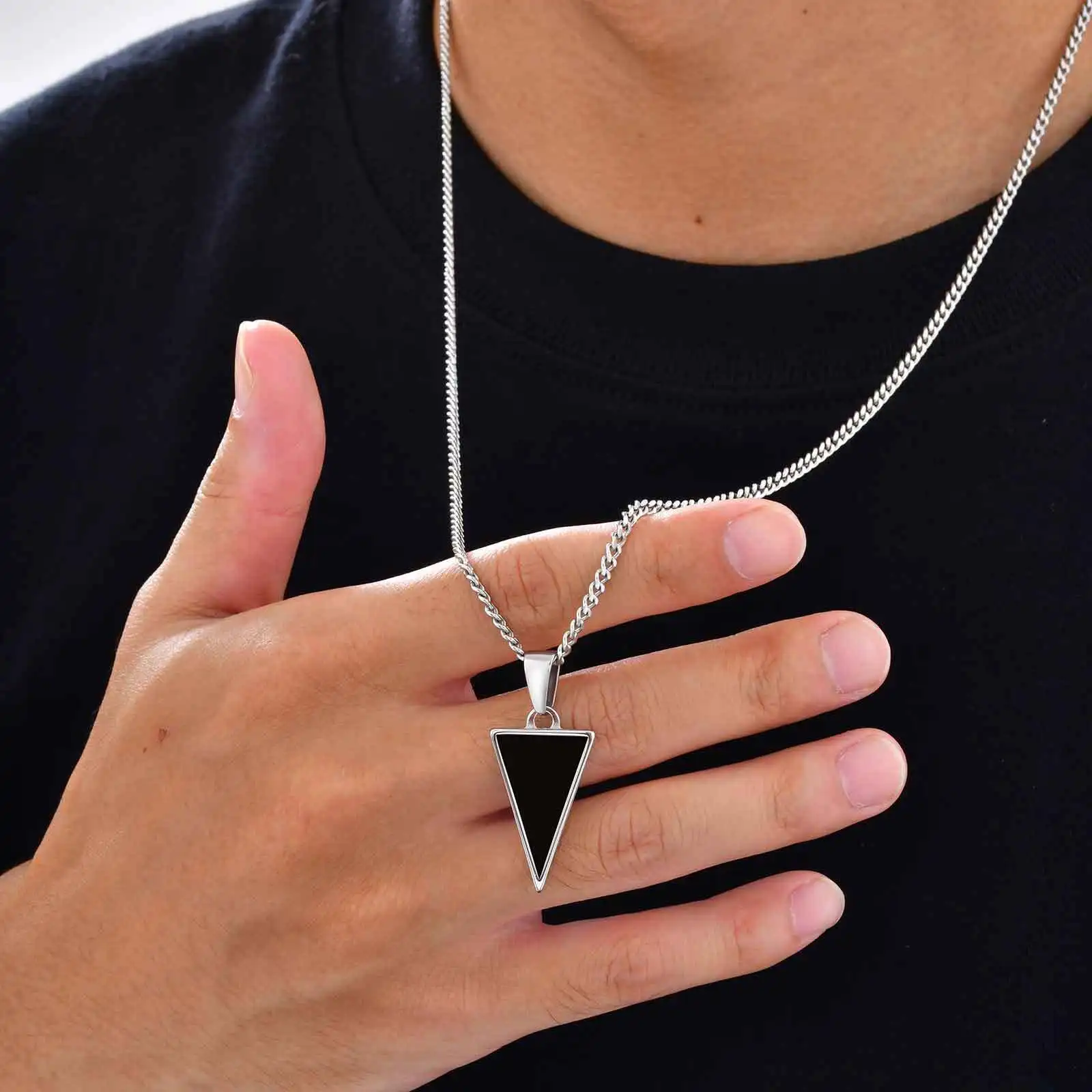 Man Triangular Black Agate Pendant Necklace,Waterproof Stainless Steel Natural Stone Geometric Pendant,Birthday Party Gift