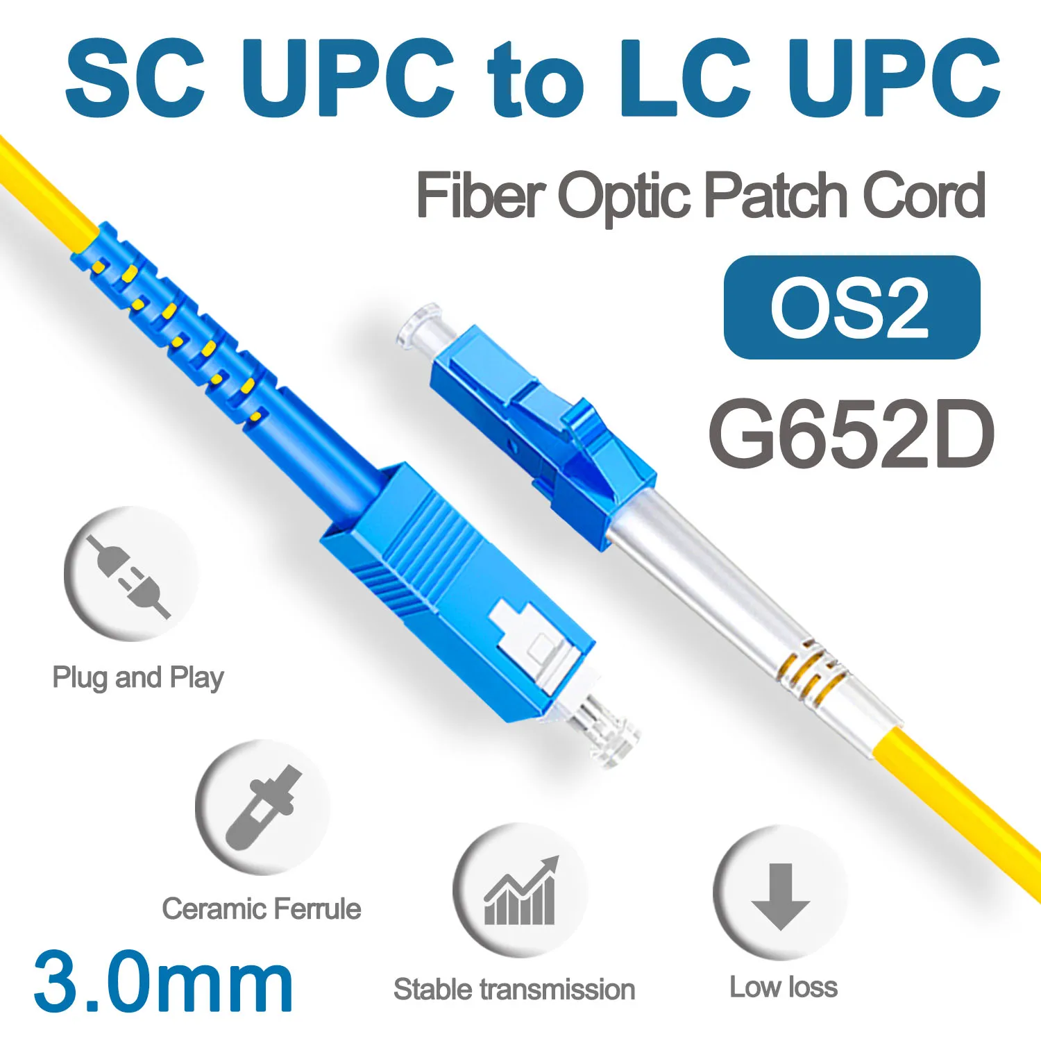 

SC UPC к LC UPC Волоконно-оптический соединительный кабель 3,0 мм OS2 шнур одномодовый симплекс 1 м 3 м 5 м ПВХ G652D SM 1310/1550nm FTTH