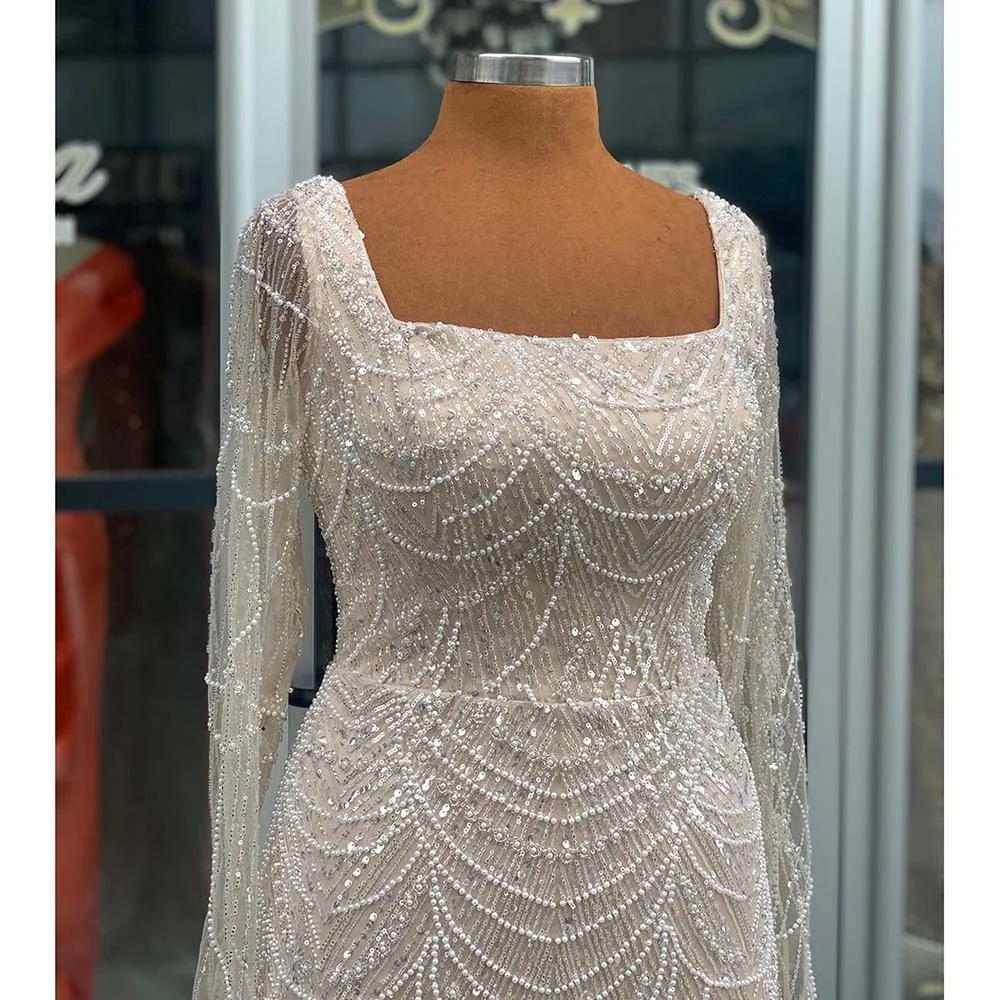 Elegant Mermaid Pearls Evening Dress for Women 2025 Luxury Dubai Arabia Flared Sleeves Formal Prom Wedding Party Gown Customized 2