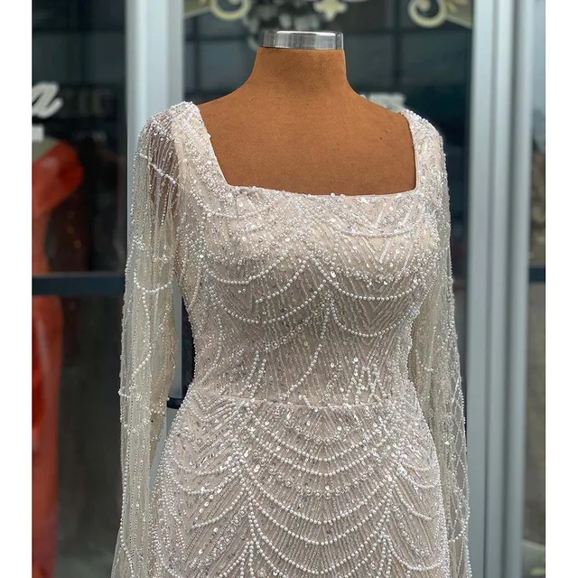 Elegant Mermaid Pearls Evening Dress for Women 2025 Luxury Dubai Arabia Flared Sleeves Formal Prom Wedding Party Gown Customized 2