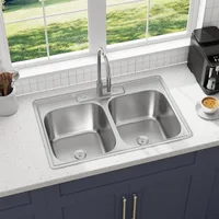 33 Inch Double Bowl Kitchen Sink Topmount 50/50 Drop In 18 Gauge 304 Stainless Steel Sinks with Basket Strainer 33" x 22" x 9" 1