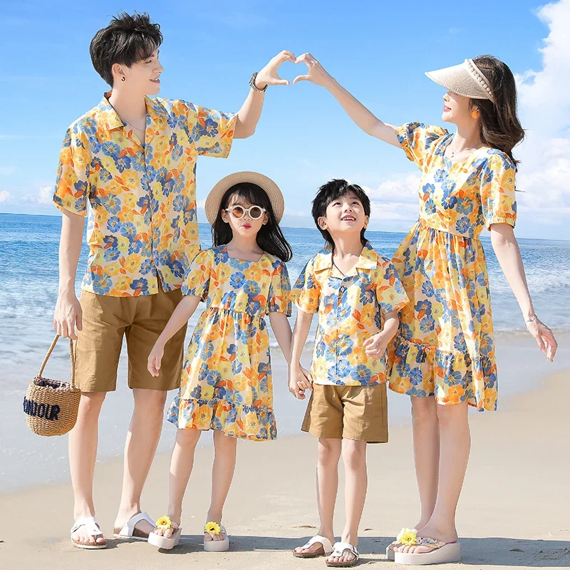 

Summer Matching Family Outfits Beach Mum Daughter Floral Dress Dad Son Shirt +Shorts Holiday Seaside Couples Clothing Set