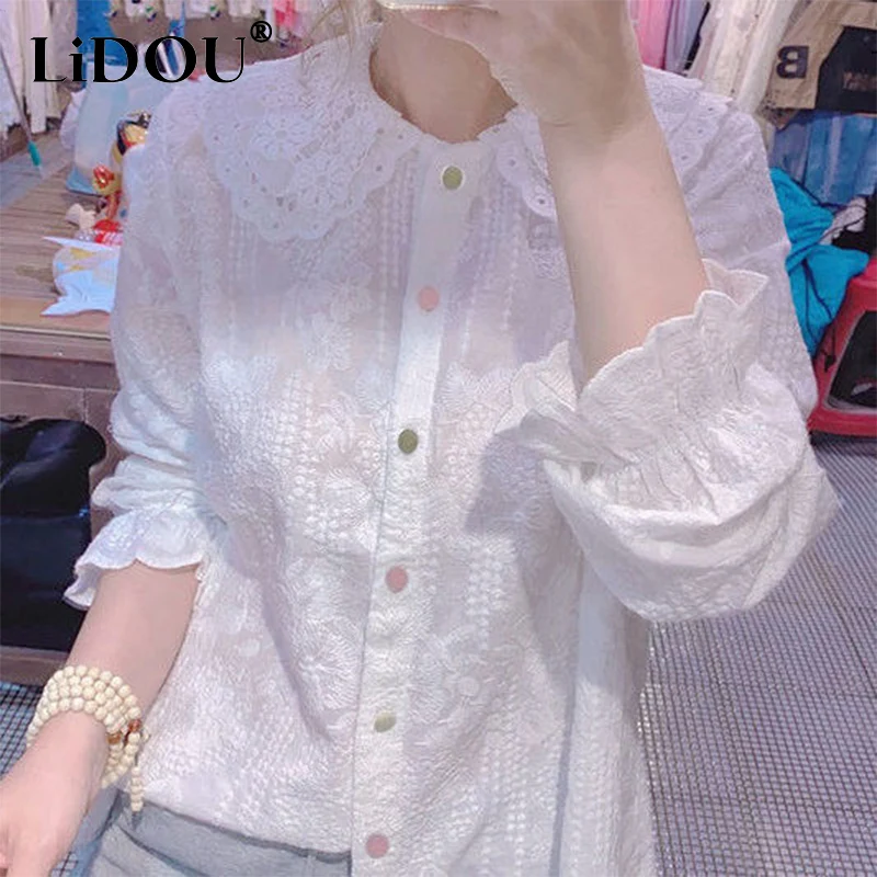 Spring Autumn Doll Collar White Embroidery Buttons Shirt Women Elegant Fashion Long Sleeve Sweet Blouse All-match Casual Blusa