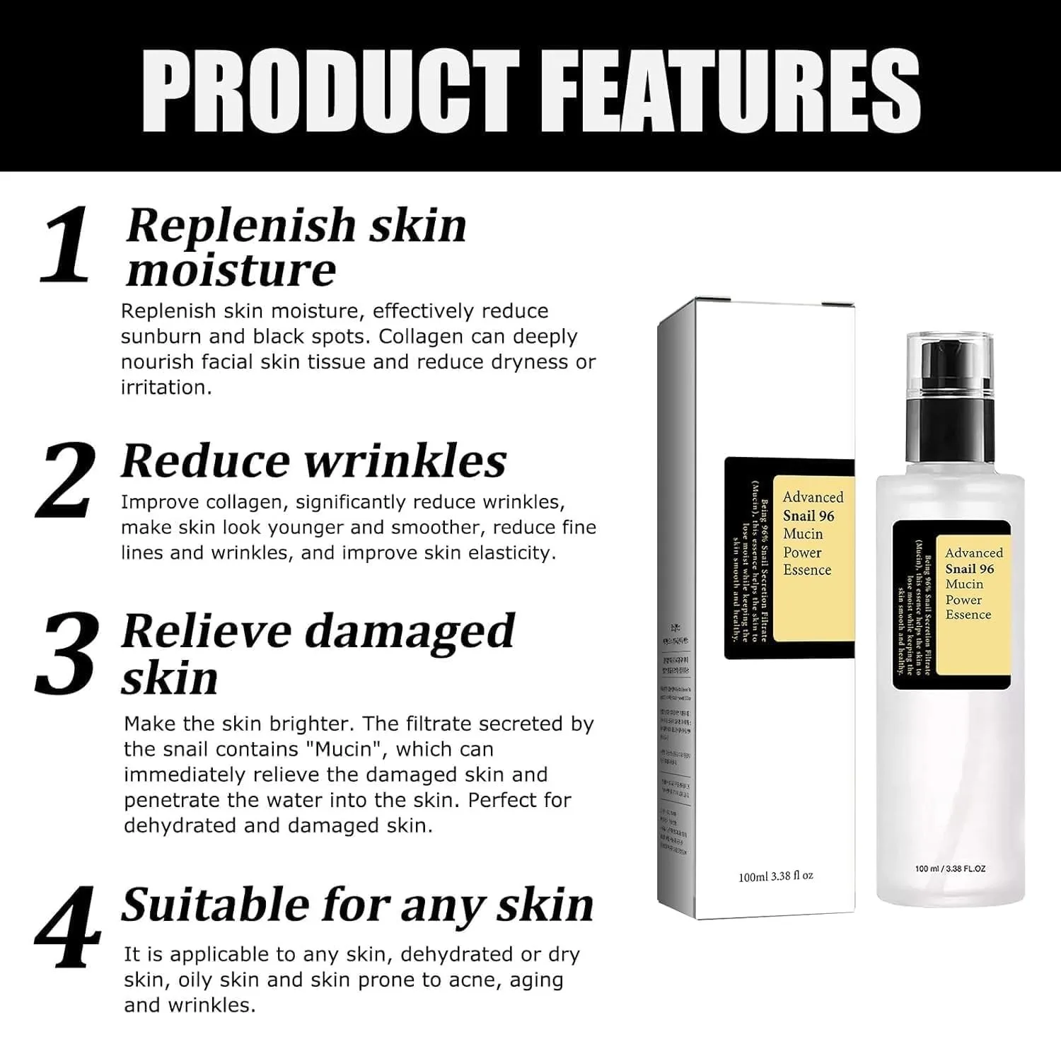 Snail Mucin 96% Skin Care Facial Essence Fading Fine Lines Repair Essence Firming Facial Leaving Skin Looking Youthful Radiant 3
