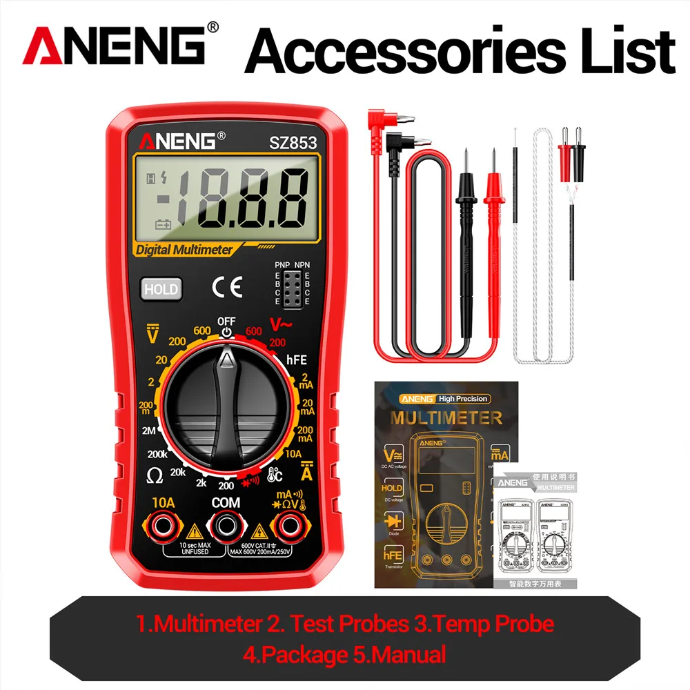ANENG SZ853 다목적 디지털 고정밀 디지털 디스플레이 다기능 전자 유지보수 휴대용 만능 계측기