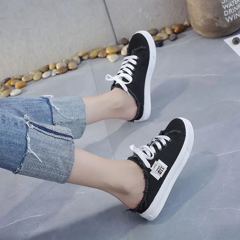 Women Casual Shoes Girl White Canvas Slippers Platform Round Toe All-match Lace Up Non-slip Breathable Ladies Half Slides