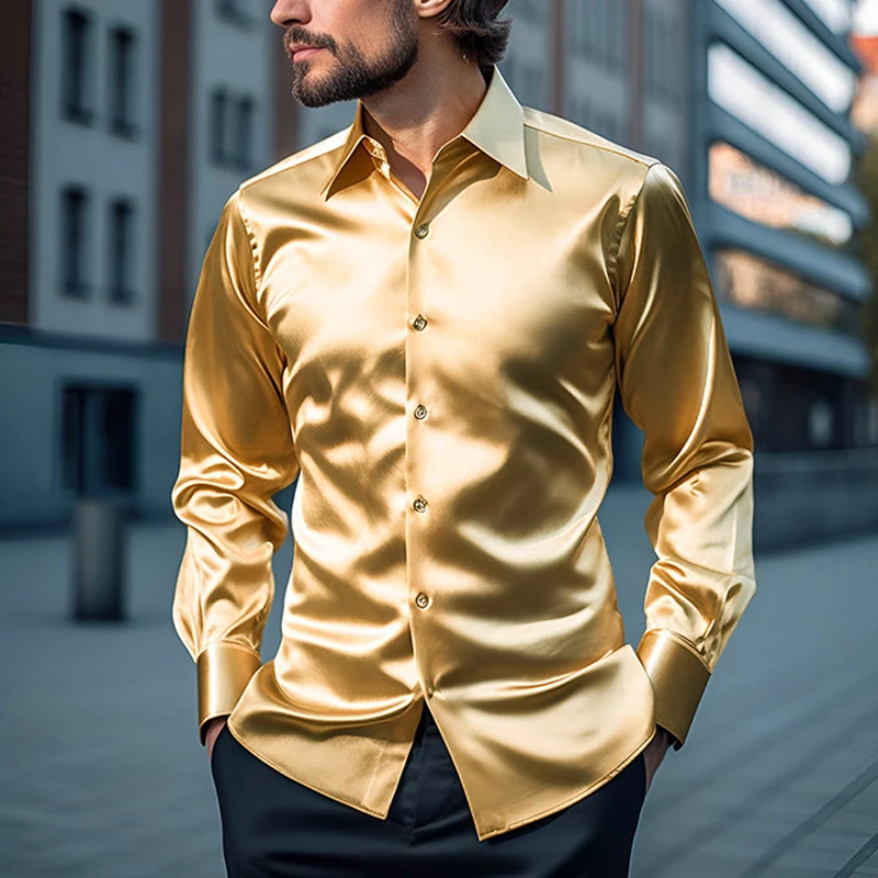 Men Glossy Satin Silk Shirt Luxury Dress Shirts Long Sleeve Button Down Blouse Male Casual Wedding Business Party Tops