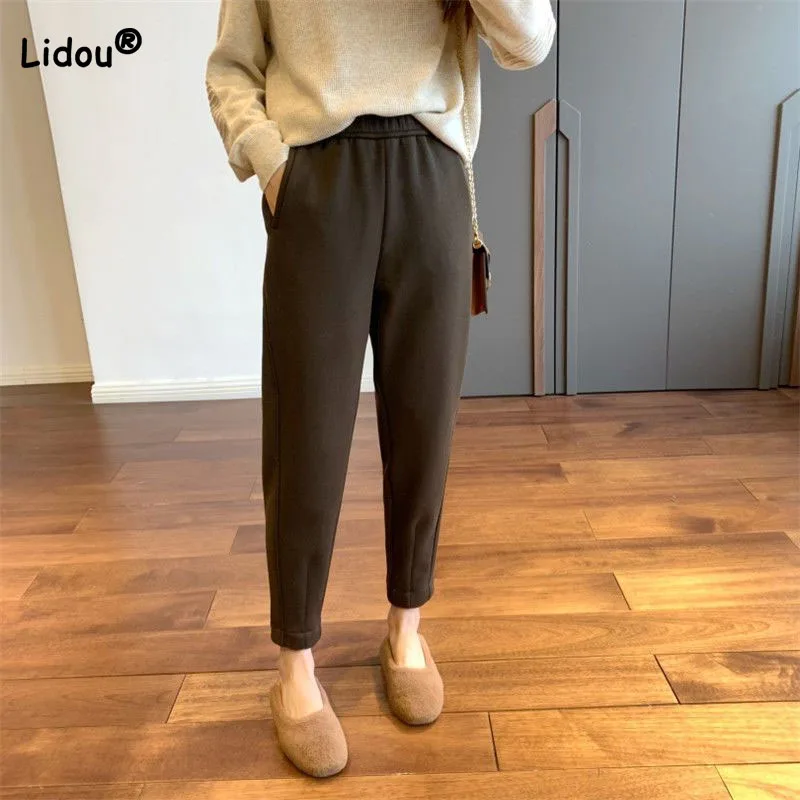 Fashion Elastic Waist Solid Thickening Harem Pants Women's Clothing Autumn Winter Simplicity Pockets Patchwork Warm Trousers female fashion simplicity high waist pockets jeans spring autumn drawstring casual wide leg denim trousers women s clothing