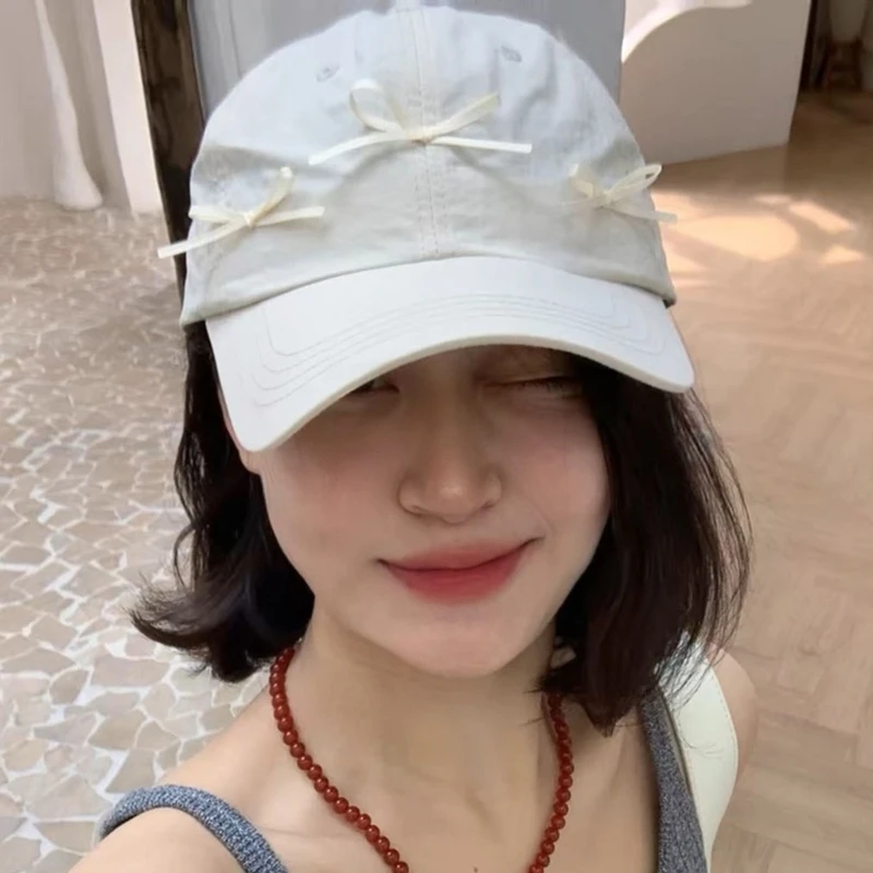 Woman Girl Baseball Hat with Ribbon Bowknot Decals Adult Quick Drying Visor Hat Gathering Teens Sunproof Hat for Camping