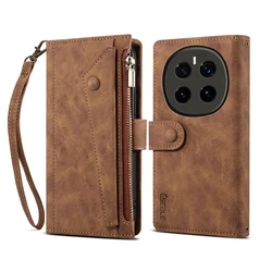 Luxury Zipper Wallet Flip Leather Phone Case with Rope for MAGIC 7 PRO (Brown)