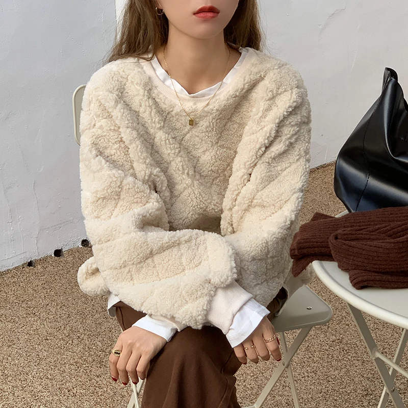 Lambswool New Tops Women Kawaii Sweatshirts Autumn Winter Thick O Neck Fleece Oversize Pullover Solid Sweatshirt Woman Fleeces