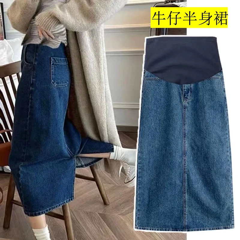 E73190# Maternity Skirt Skirts Korean Style Stretch Split Denim Outerwear Summer Slim Straight Mid-Long Pregnancy Skirt