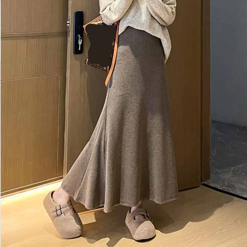 Elegante Hohe Taille Fischschwanz Rock für Frauen Herbst Winter Vintage Gestrickte Maxi Röcke Frau Koreanische Faul Stil Solide Lange Rock – Detail 6