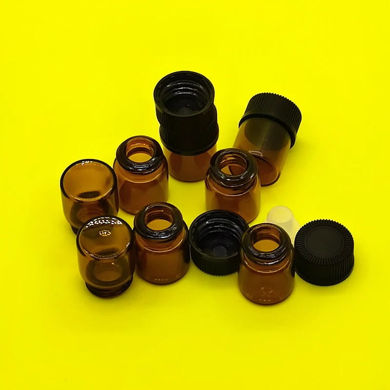 48pcs/pack 1ml Small Amber Glass Vials Bottles Containers With Orifice Reducer Black Cap For Essential Oil Sample Perfume Bottle