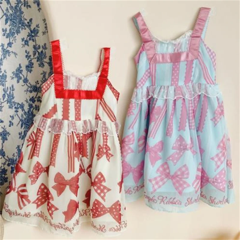 

Summer new bow chiffon suspenders girls dress 2 colors