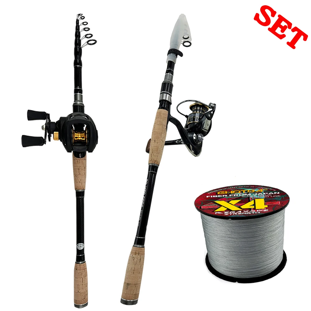 1 8 2 4m Telescopic Fishing Rod Set Ultralight Carbon Lure Rod Baitcasting Spinning Reel with