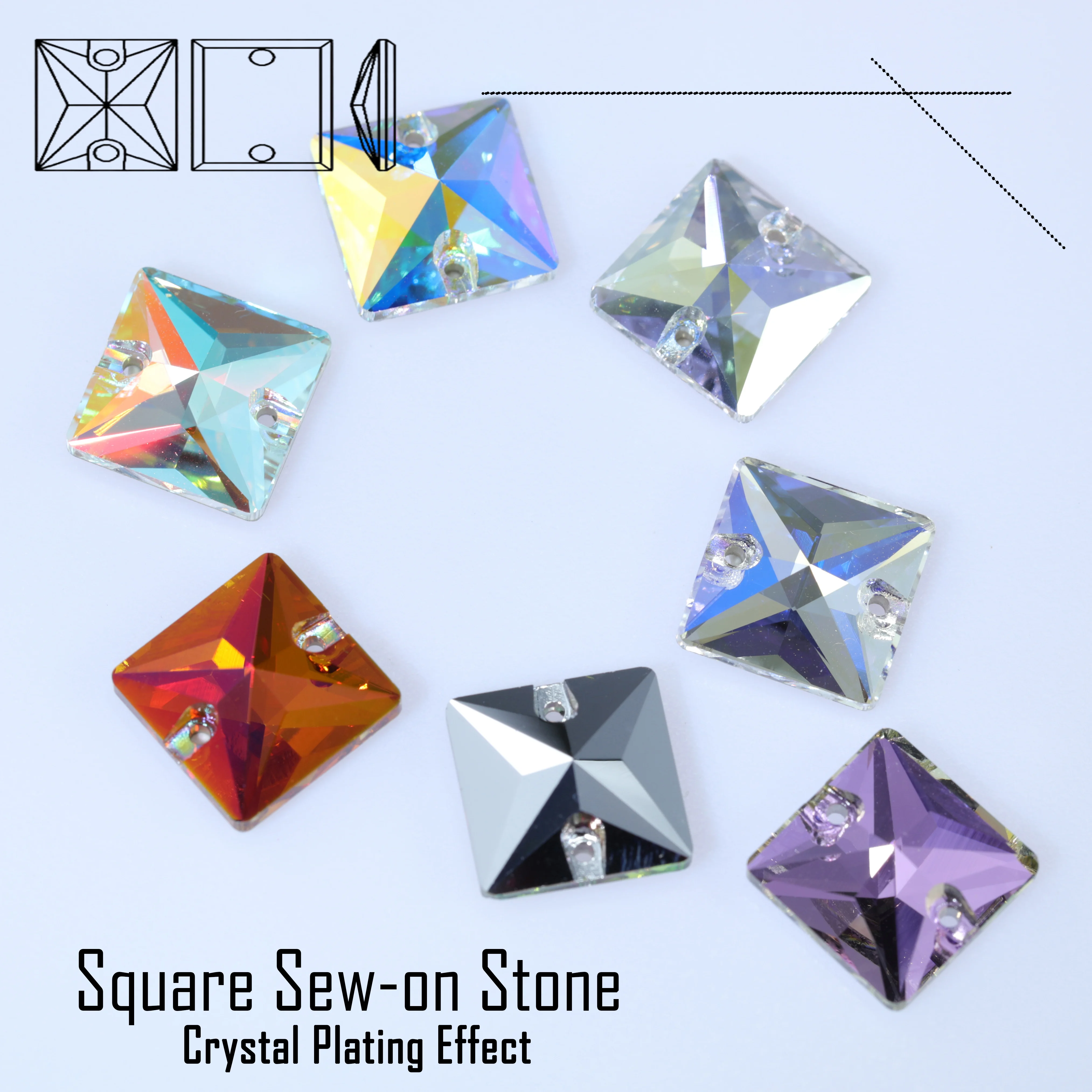 Quadratischer Aufnähstein mit Kristallbeschichtungseffekt, hochwertige Glaskristall-Strasssteine, Kristall AB Golden Shadow Moon Light Flatback