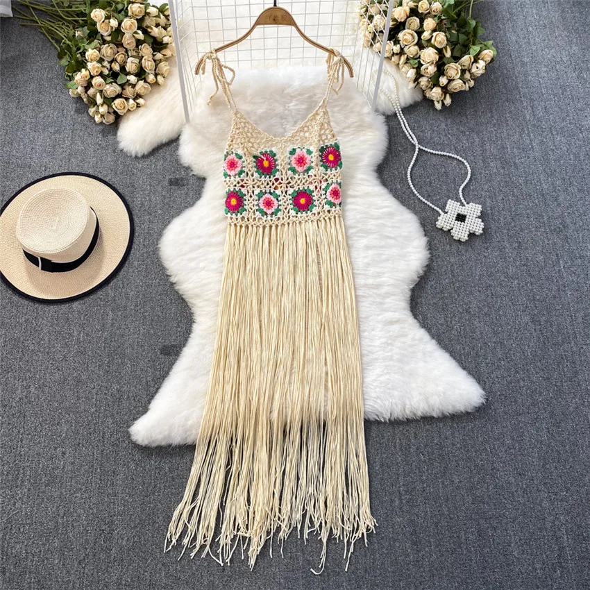 

Boho Vintage Beach Mini Dress Women Sleeveless Sundress Floral Handmade Crochet Dress Tassel Holiday Beach Dresses Vestidos