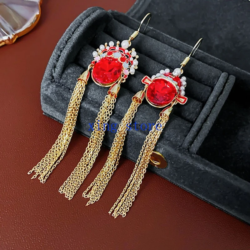 2024 Fashionable New Ethnic Style Simulated Pearl Inlaid Droplet Glazed Tassel Women's Earrings