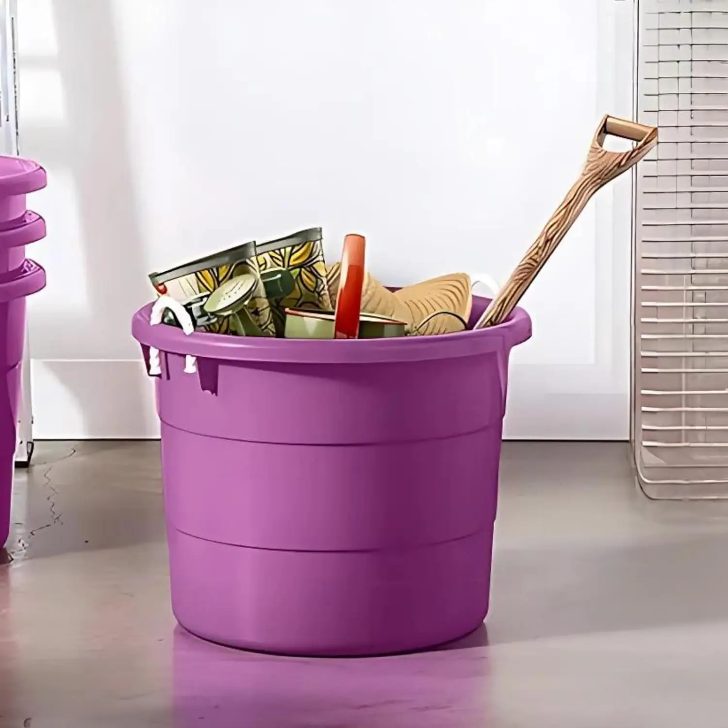 2-Pack Utility Tub, Large Plastic Storage Bucket with Rope Handles, 17 Gallon, Purple - Portable Indoor and Outdoor Buckets