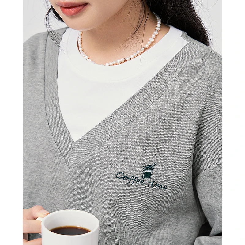Toyouth Women Fake Two Piece Sweatshirts 2022 Autumn Long Sleeve O Neck Hoodies Stitching Embroidery Streetwear Pullover