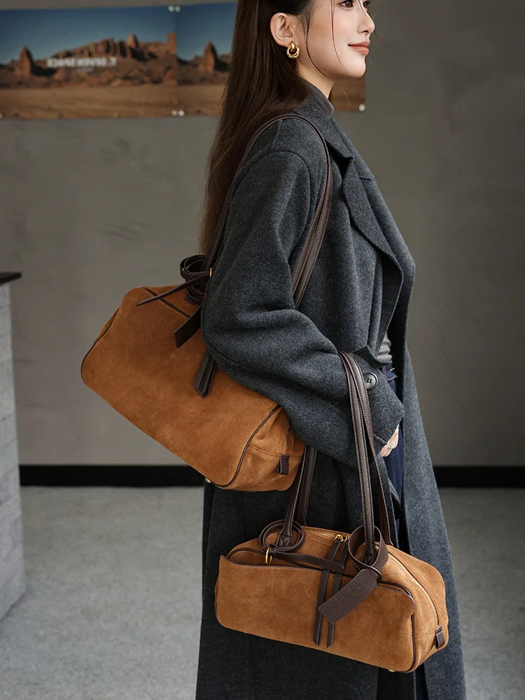 Women's Bowling Tote Bag 2025 New Suede Leather Handbag Top Grain Leather Single Shoulder Underarm Bag Commuting Premium Chic 4
