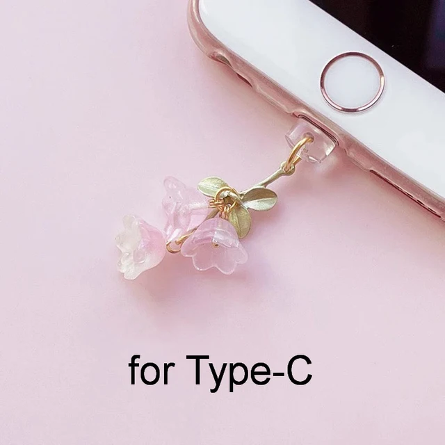 1PC For Phone/Type-C Interface Cute Pink Lily Of The Valley Phone Charm Flower Green Leaf Dust Plug DIY Accessories 7