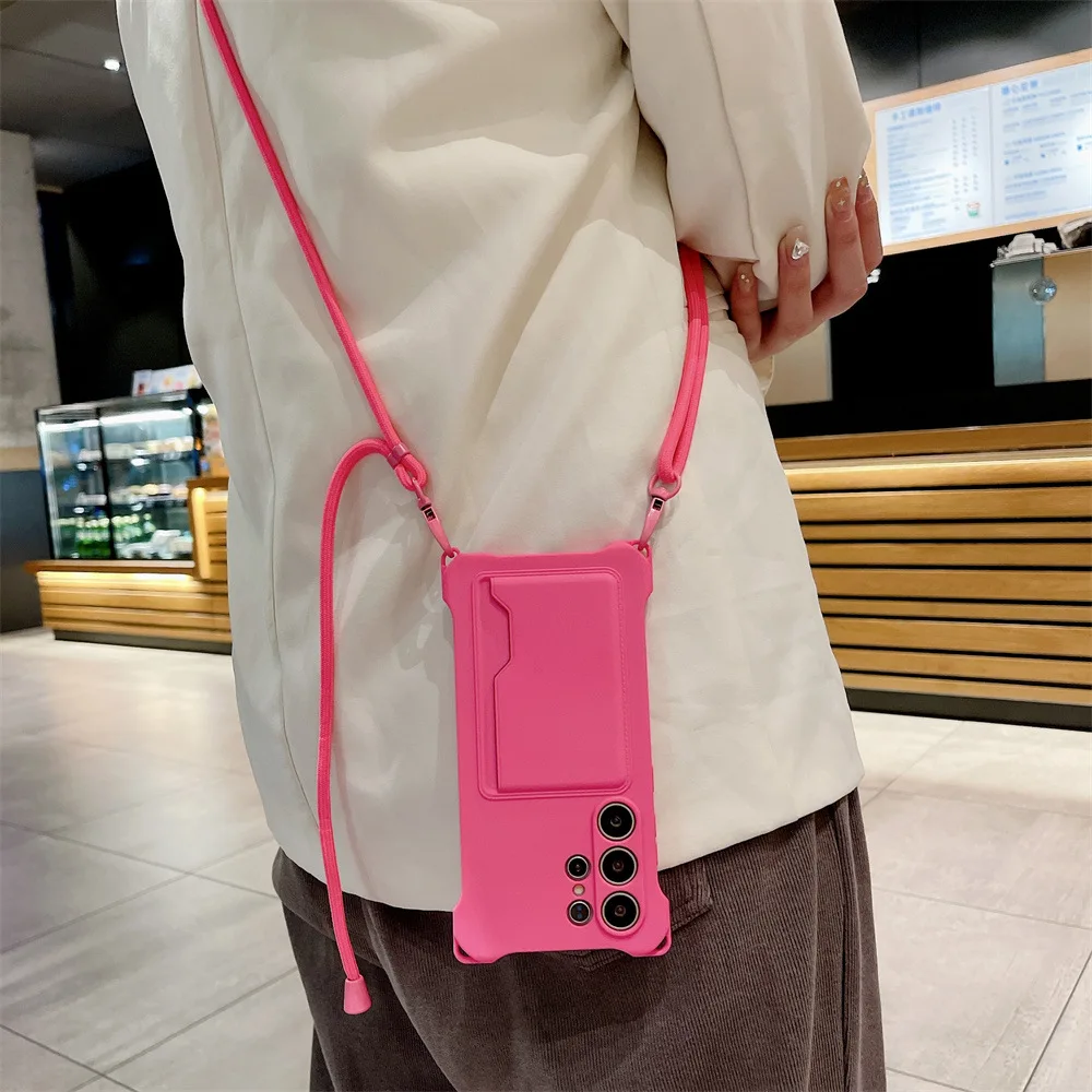 Soft Silicone Phone Case with Card Holder and Lanyard - Shockproof Protection Cover