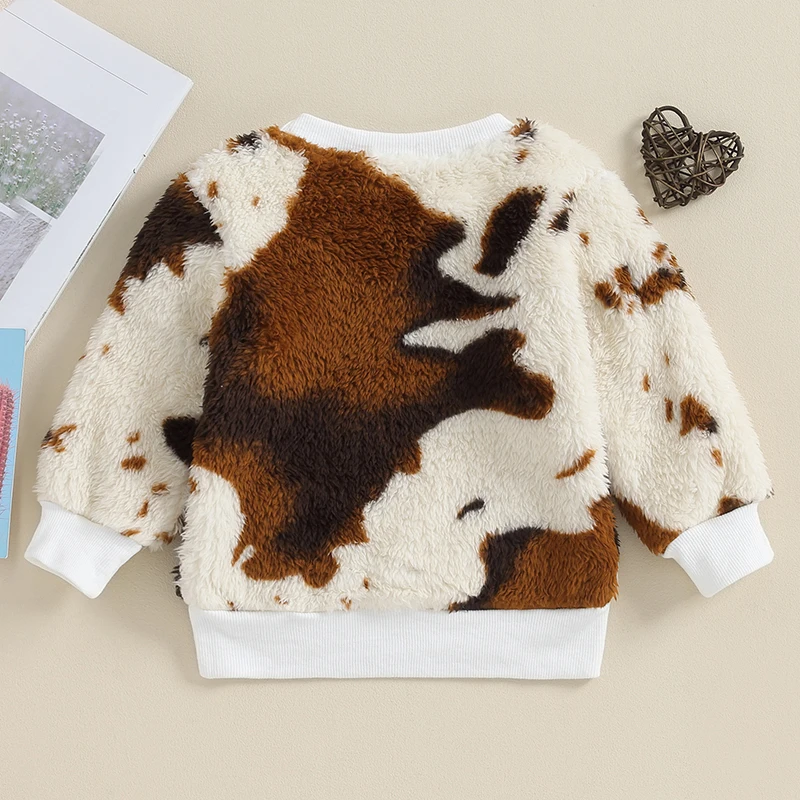 

Fall Winter Clothes Toddler Baby Girl Sweatshirt Cow Letter Embroidery Long Sleeve Crewneck Fuzzy Pullovers Tops