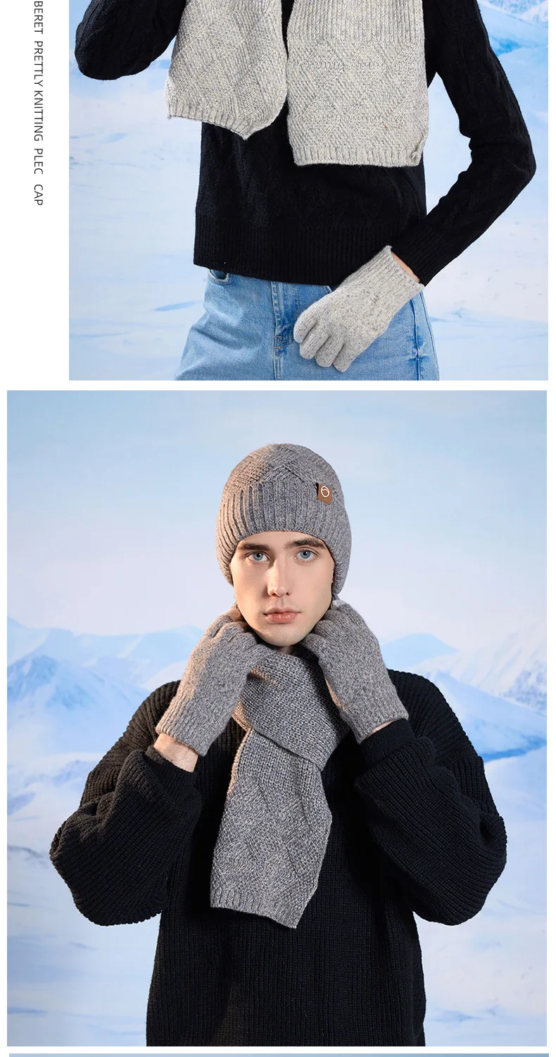 3pcWinter Knitted Hat Scarf Gloves Set for Women Men Cold Proof Ear Protection Scarf Warm Skullies Beanie Outdoor Cycling Skiing