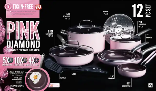 Blue Diamond Toxin-Free Ceramic and Dishwasher Safe 12-Piece Pots Pans  Cookware Set, Pink - AliExpress