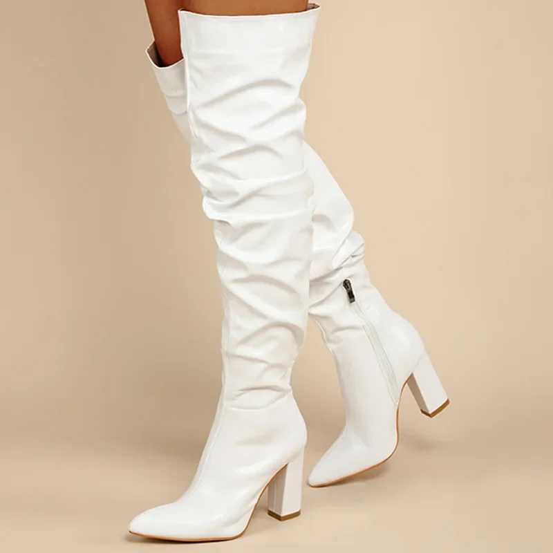 

Winter Women Over-the-Knee Boots Punk Style Square High Heel Zipper Shoes Pleated Pointed Toe Ladies Long Booties